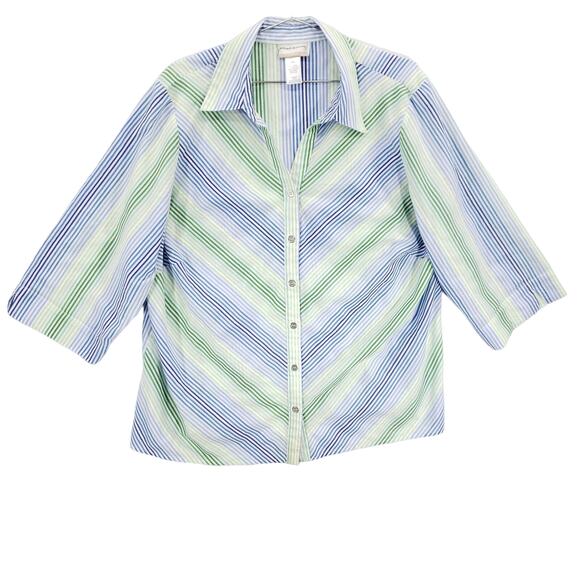 Alfred Dunner Shirt Womens 1X Green Blue White Mitered Stripe Casual Button Up - Picture 1 of 10